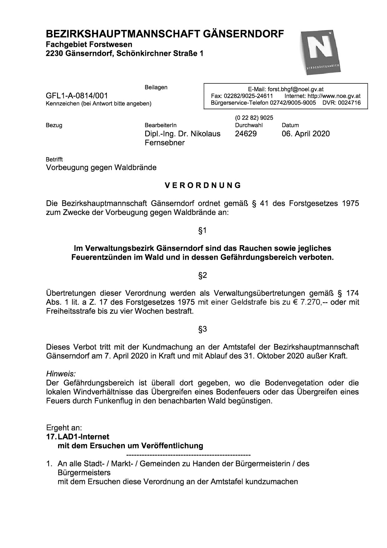 BHGF Waldbrandverordnung 20201